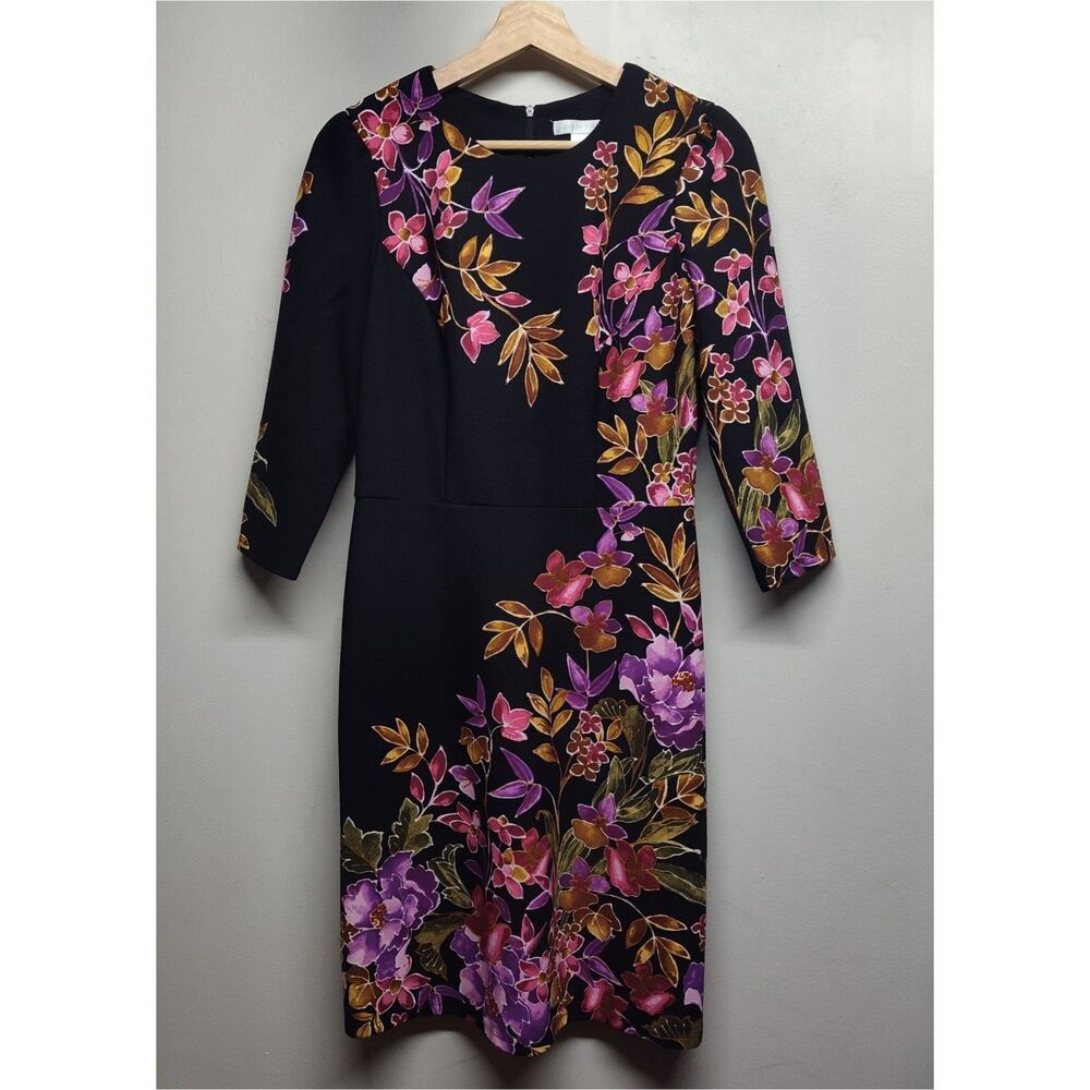 London Times Mini Dress Women Size 4 Black Floral Long Sleeve Cocktail Party
